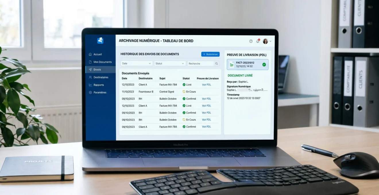 Interface de tableau de bord montrant l'archivage numérique et l'historique des lettres recommandées électroniques