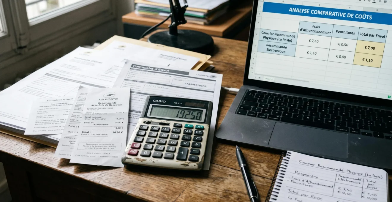 Poste de travail avec calculatrice et documents montrant la comparaison des coûts entre recommandé papier et électronique