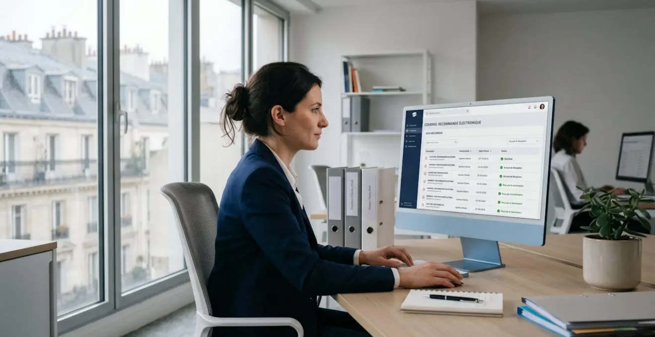 Professionnel consultant une interface de lettre recommandée électronique sur son ordinateur dans un bureau moderne