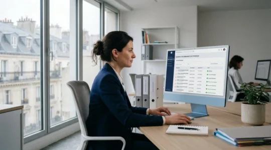 Professionnel consultant une interface de lettre recommandée électronique sur son ordinateur dans un bureau moderne